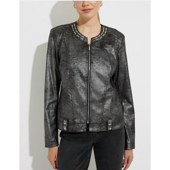 Joseph Ribkoff Faux Leather Blazer With Metal Trim Black main image 1
